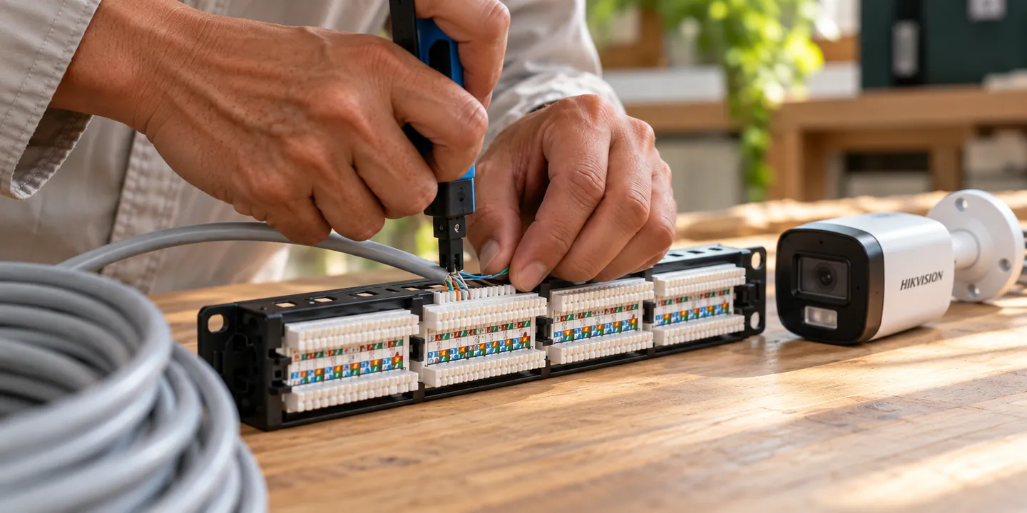 การเข้าหัวสาย LAN บนแพตช์พาเนล พร้อมกล้องวงจรปิด Hikvision