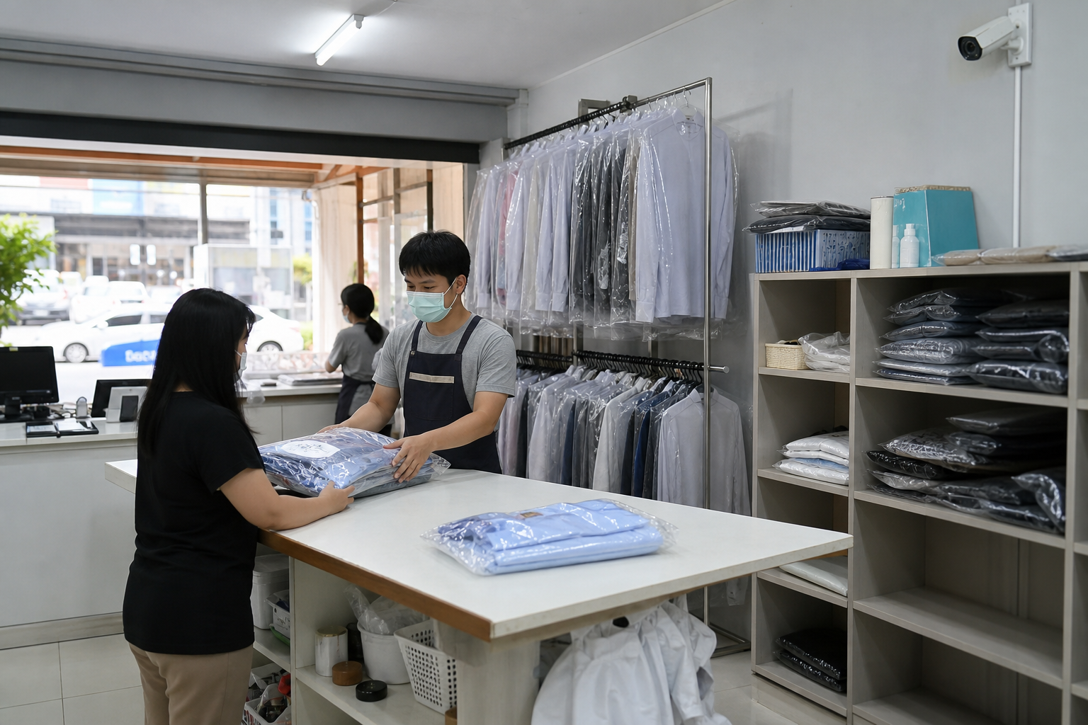 กล้องวงจรปิดร้านซักรีดบริเวณโต๊ะพับผ้าและชั้นเก็บงาน