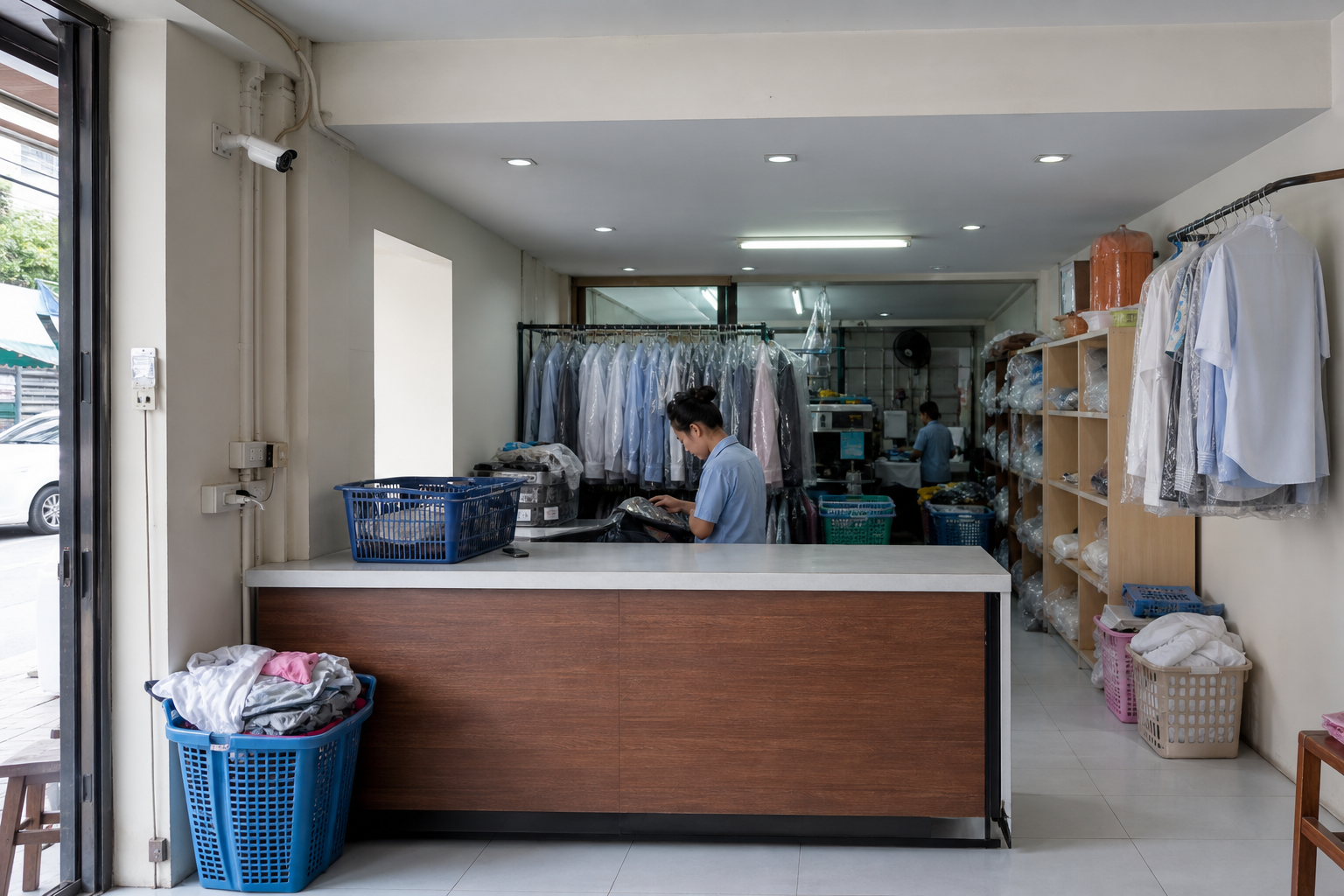 กล้องวงจรปิดร้านซักรีดและร้านทำความสะอาด ทีมช่างติดตั้งในพื้นที่ร้าน