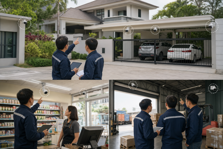 ภาพประกอบกล้องวงจรปิด 8 ตัวสำหรับบ้านใหญ่ ร้าน และโกดังพร้อมทีมช่างประเมินหน้างาน