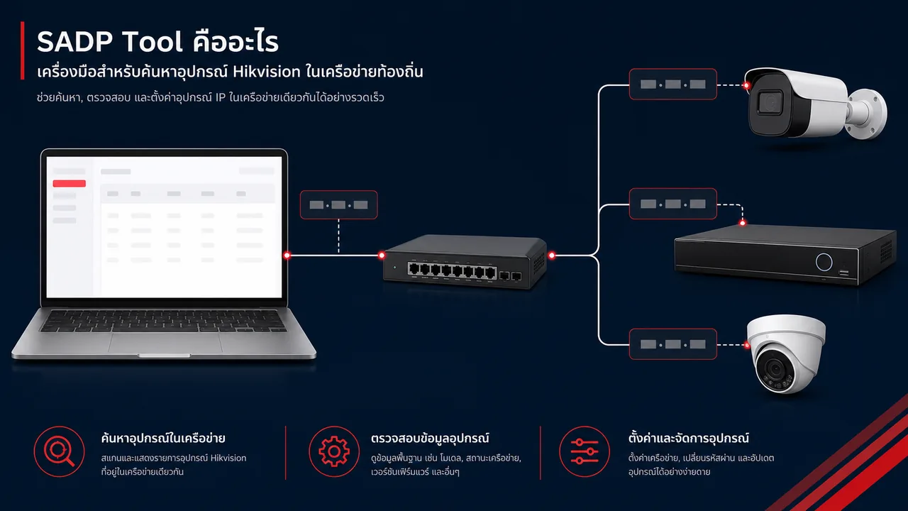 ภาพประกอบการใช้ SADP Tool ค้นหากล้องและเครื่องบันทึก Hikvision ในเครือข่าย LAN