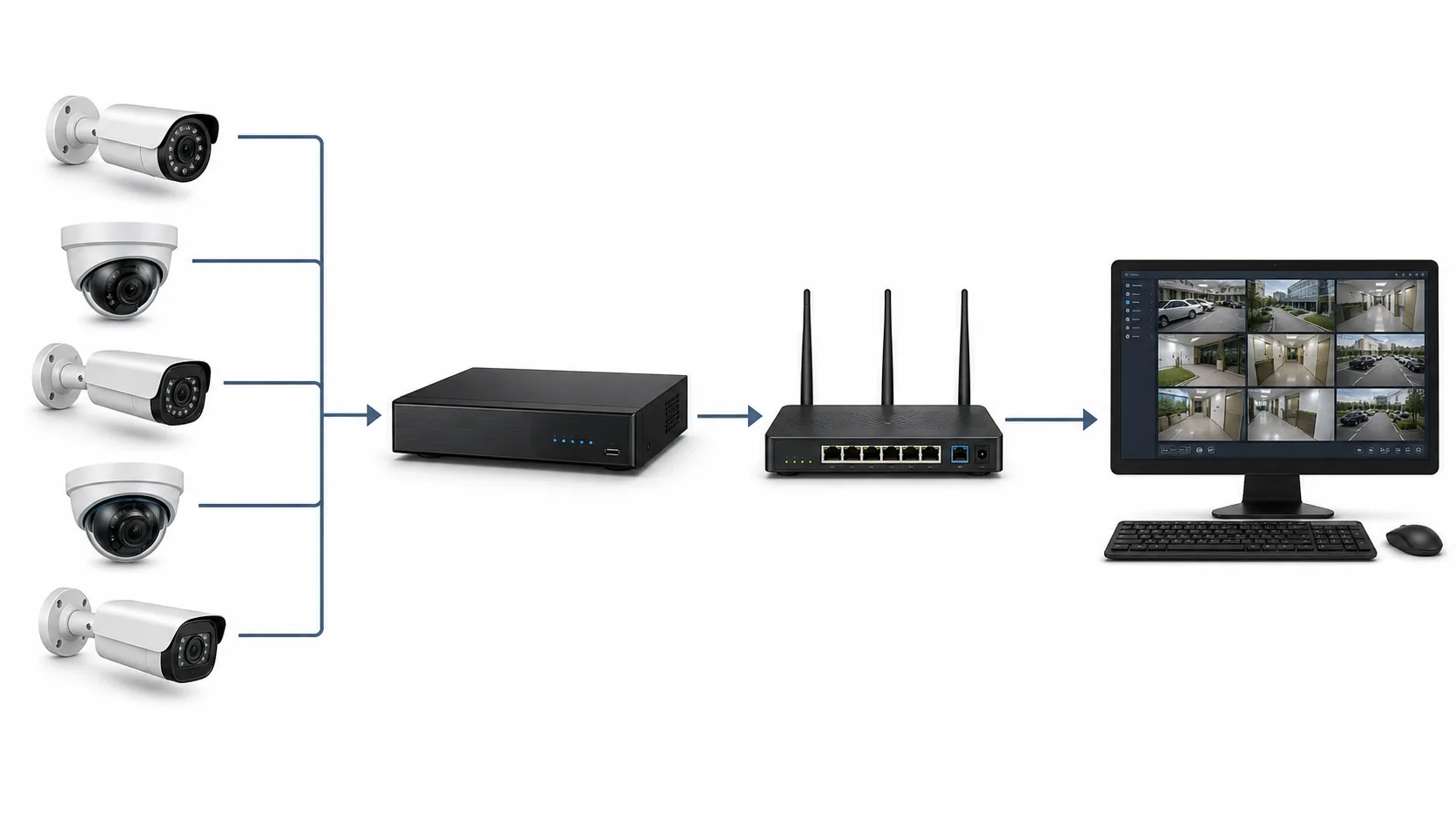 ภาพประกอบการเชื่อมต่อกล้อง NVR เครือข่าย และคอมพิวเตอร์สำหรับ SmartPSS